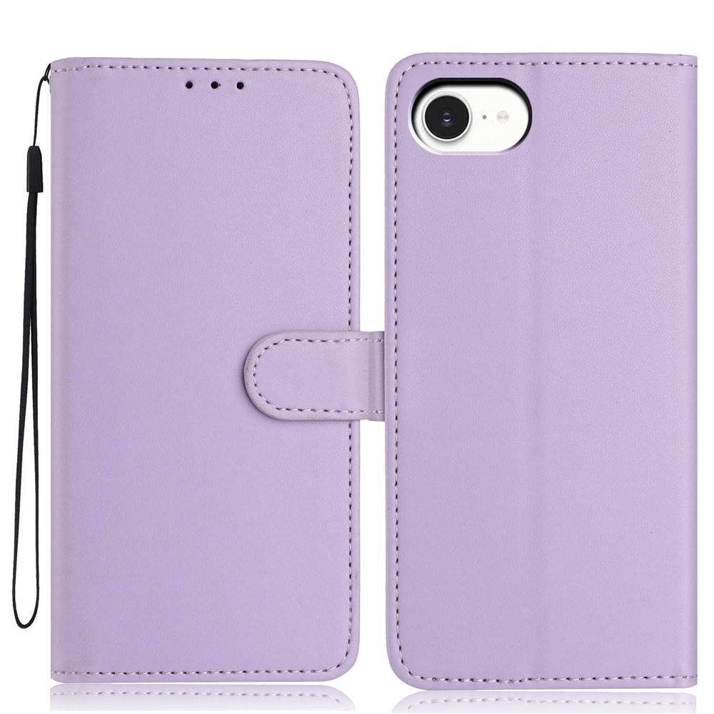 For iPhone 16e Wallet Case with Strap / Multiple Card Slots Solid Color Leather Stand Phone Cover - Purple