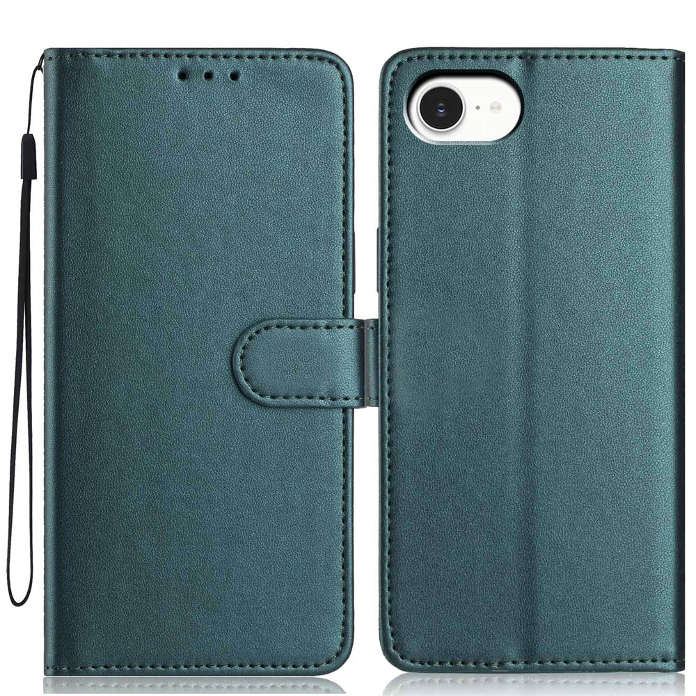 For iPhone 16e Wallet Case with Strap / Multiple Card Slots Solid Color Leather Stand Phone Cover - Blackish Green
