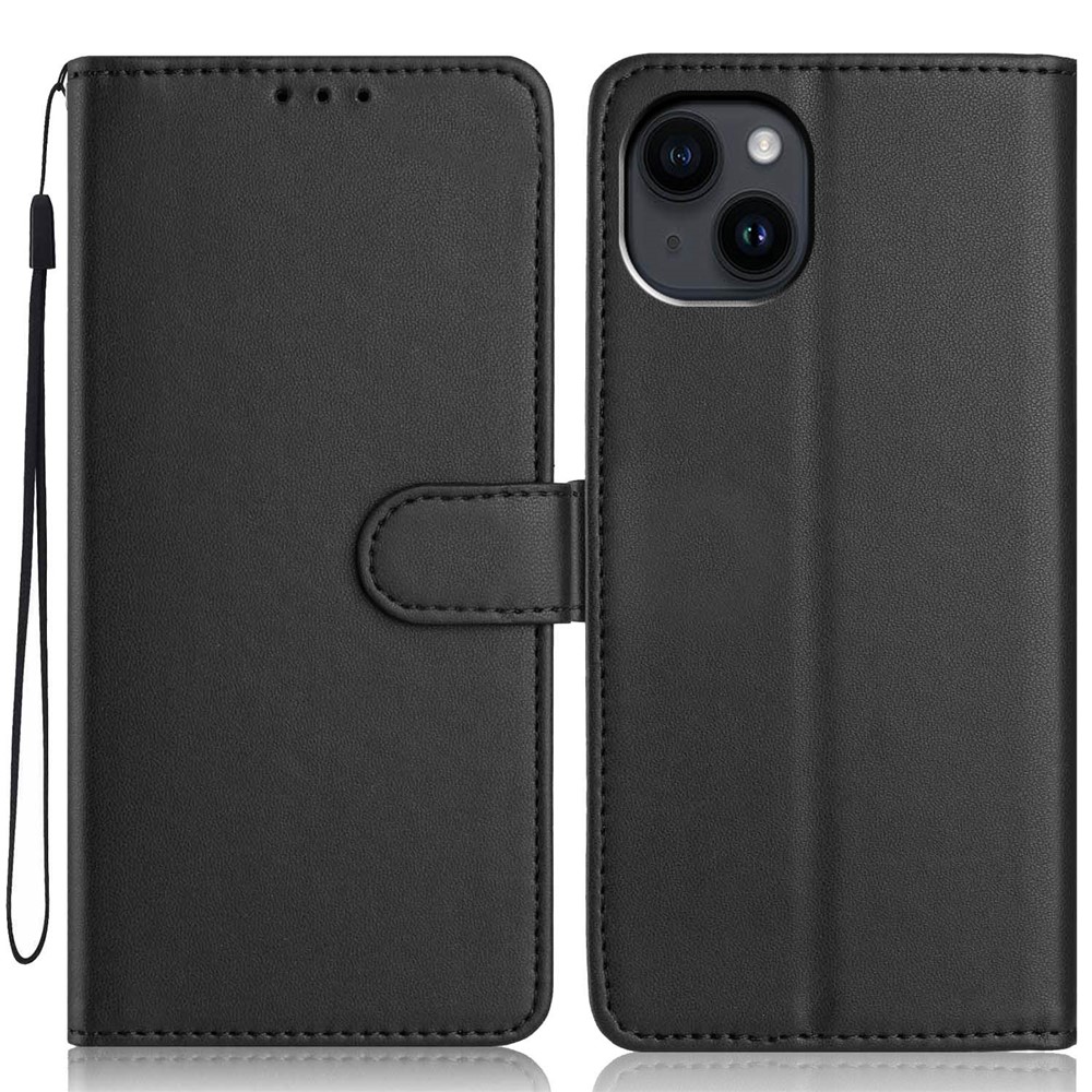 For iPhone 15 Wallet Case with Strap / Multiple Card Slots Solid Color Leather Stand Phone Cover - Black