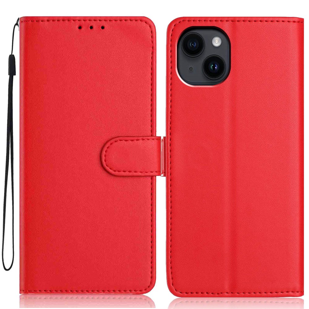 For iPhone 15 Wallet Case with Strap / Multiple Card Slots Solid Color Leather Stand Phone Cover - Red