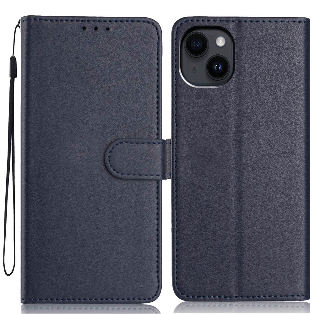 For iPhone 15 Wallet Case with Strap / Multiple Card Slots Solid Color Leather Stand Phone Cover - Blue