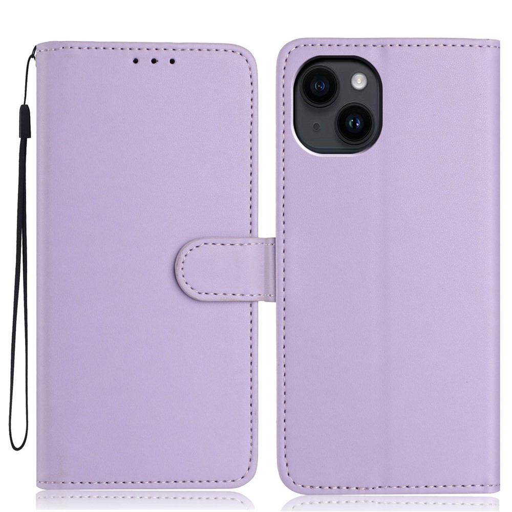 For iPhone 15 Wallet Case with Strap / Multiple Card Slots Solid Color Leather Stand Phone Cover - Purple