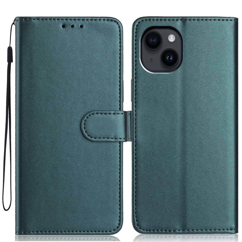 For iPhone 15 Wallet Case with Strap / Multiple Card Slots Solid Color Leather Stand Phone Cover - Blackish Green