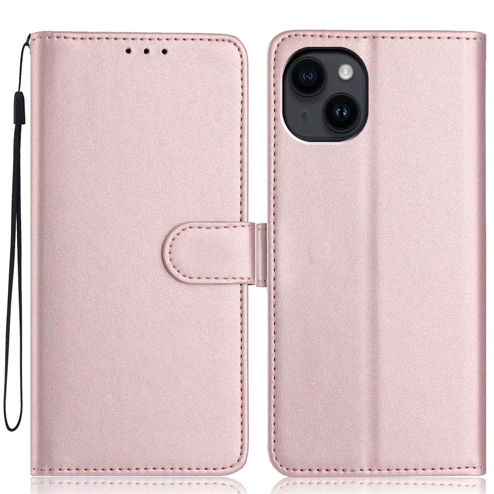 For iPhone 15 Wallet Case with Strap / Multiple Card Slots Solid Color Leather Stand Phone Cover - Rose Gold