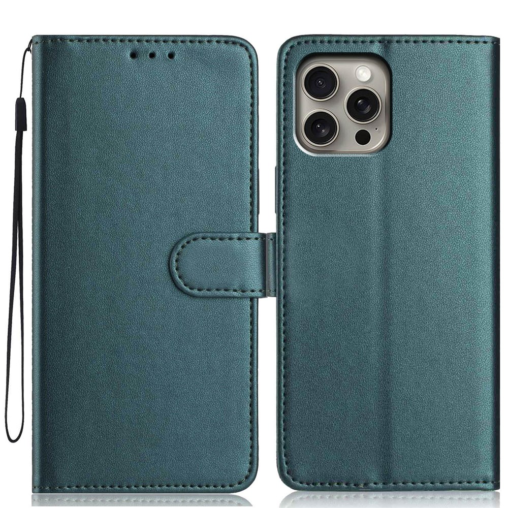 For iPhone 15 Pro Wallet Case with Strap / Multiple Card Slots Solid Color Leather Stand Phone Cover - Blackish Green