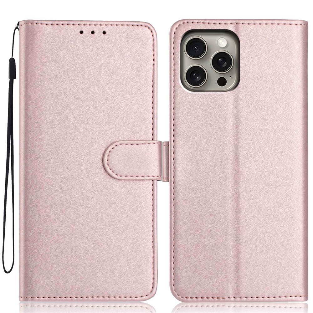 For iPhone 15 Pro Wallet Case with Strap / Multiple Card Slots Solid Color Leather Stand Phone Cover - Rose Gold