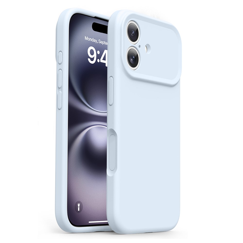 For iPhone 16 Case Soft Touch Liquid Silicone Phone Cover with Camera Touch Control Button - Light Cyan