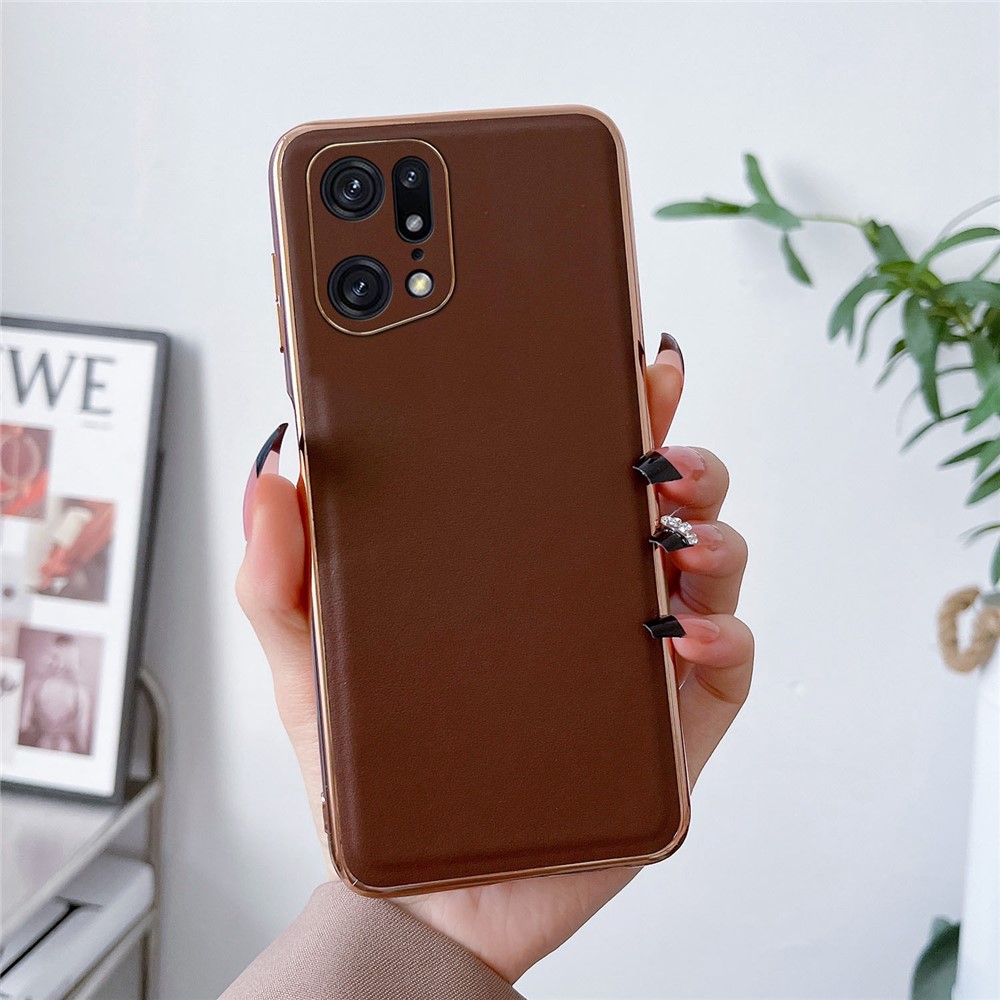 For Oppo Find X5 Pro 5G Electroplating Phone Case Genuine Leather Coated TPU+PC Anti-Fingerprints Cover - Coffee-2