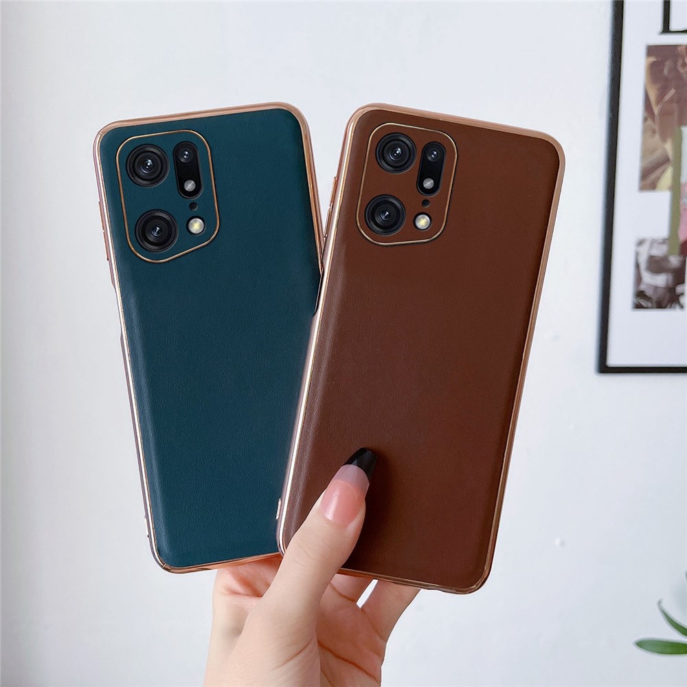 For Oppo Find X5 Pro 5G Electroplating Phone Case Genuine Leather Coated TPU+PC Anti-Fingerprints Cover - Coffee-3