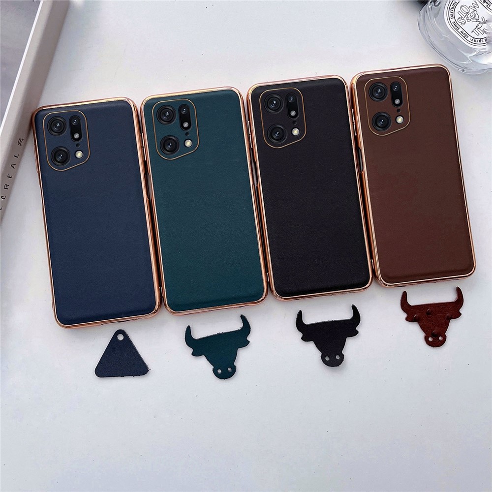 For Oppo Find X5 Pro 5G Electroplating Phone Case Genuine Leather Coated TPU+PC Anti-Fingerprints Cover - Coffee-4
