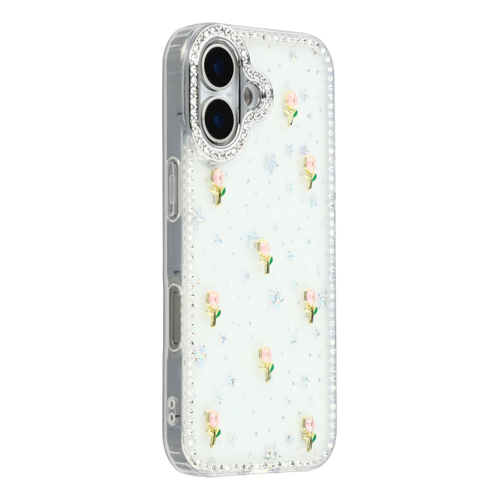 For iPhone 16 Case Rhinestone Edge Small Tulips Decor TPU + PC IMD Phone Cover - Starry Transparent