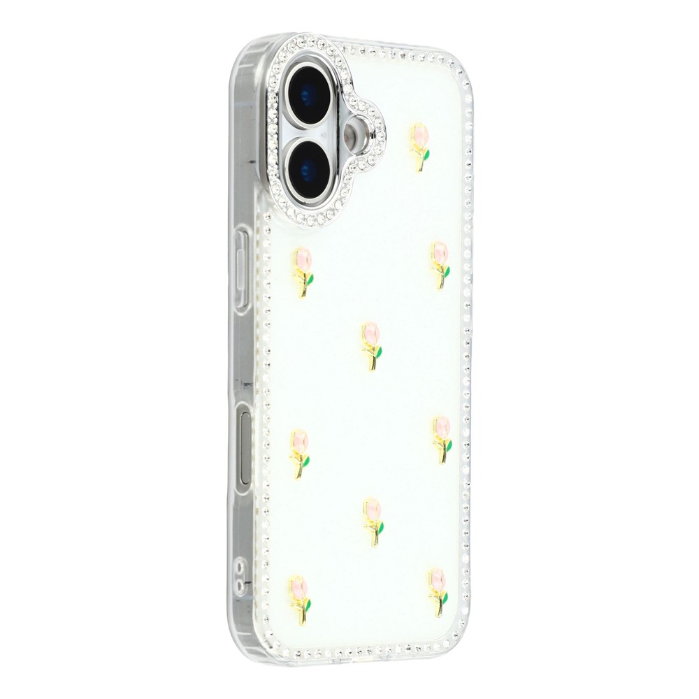 For iPhone 16 Case Rhinestone Edge Small Tulips Decor TPU + PC IMD Phone Cover - Glitter White