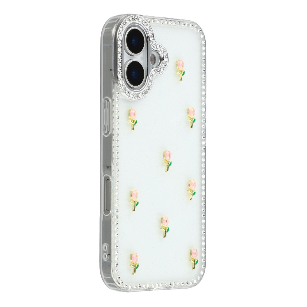 For iPhone 16 Case Rhinestone Edge Small Tulips Decor TPU + PC IMD Phone Cover - Glitter Transparent