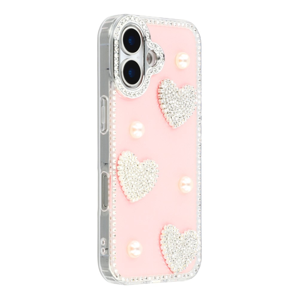 For iPhone 16 Case Rhinestone Edge Pearl Love Decor TPU + PC IMD Phone Cover - Glitter Light Pink