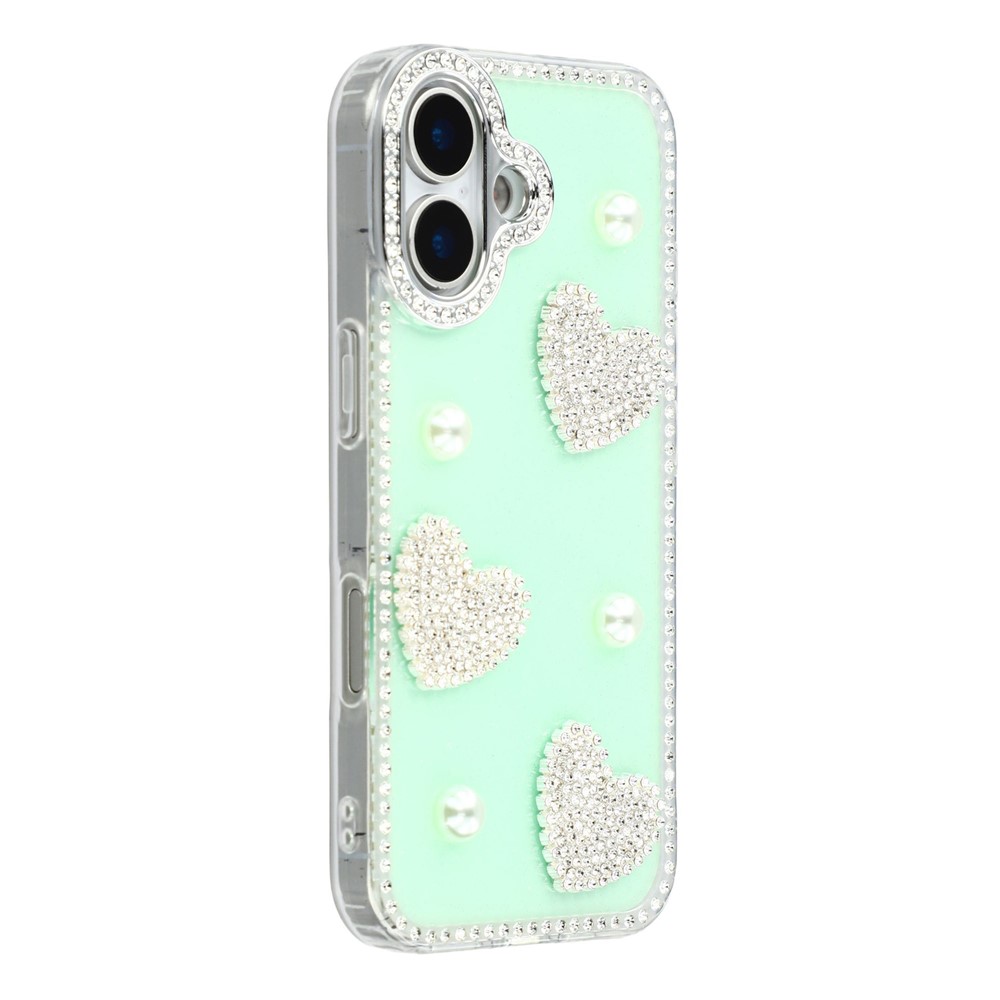 For iPhone 16 Case Rhinestone Edge Pearl Love Decor TPU + PC IMD Phone Cover - Glitter Light Green