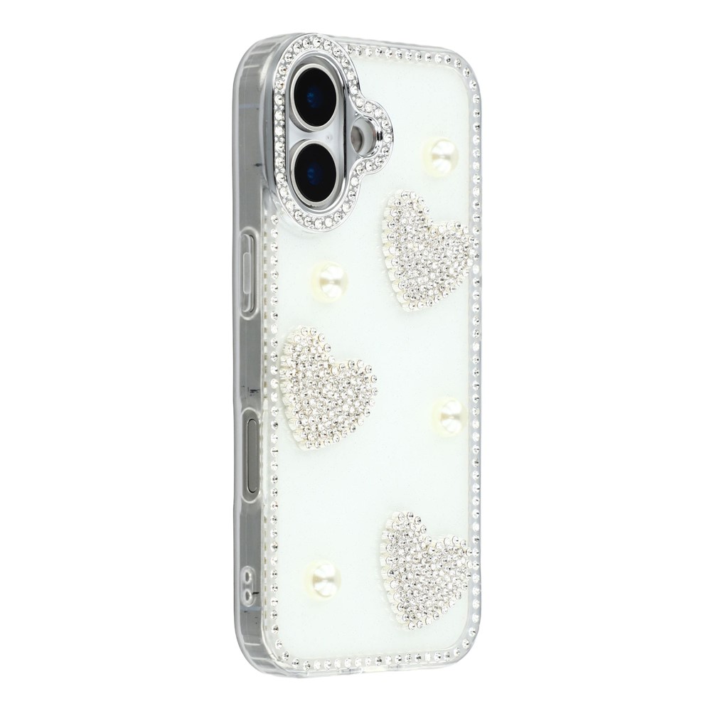 For iPhone 16 Case Rhinestone Edge Pearl Love Decor TPU + PC IMD Phone Cover - Glitter White