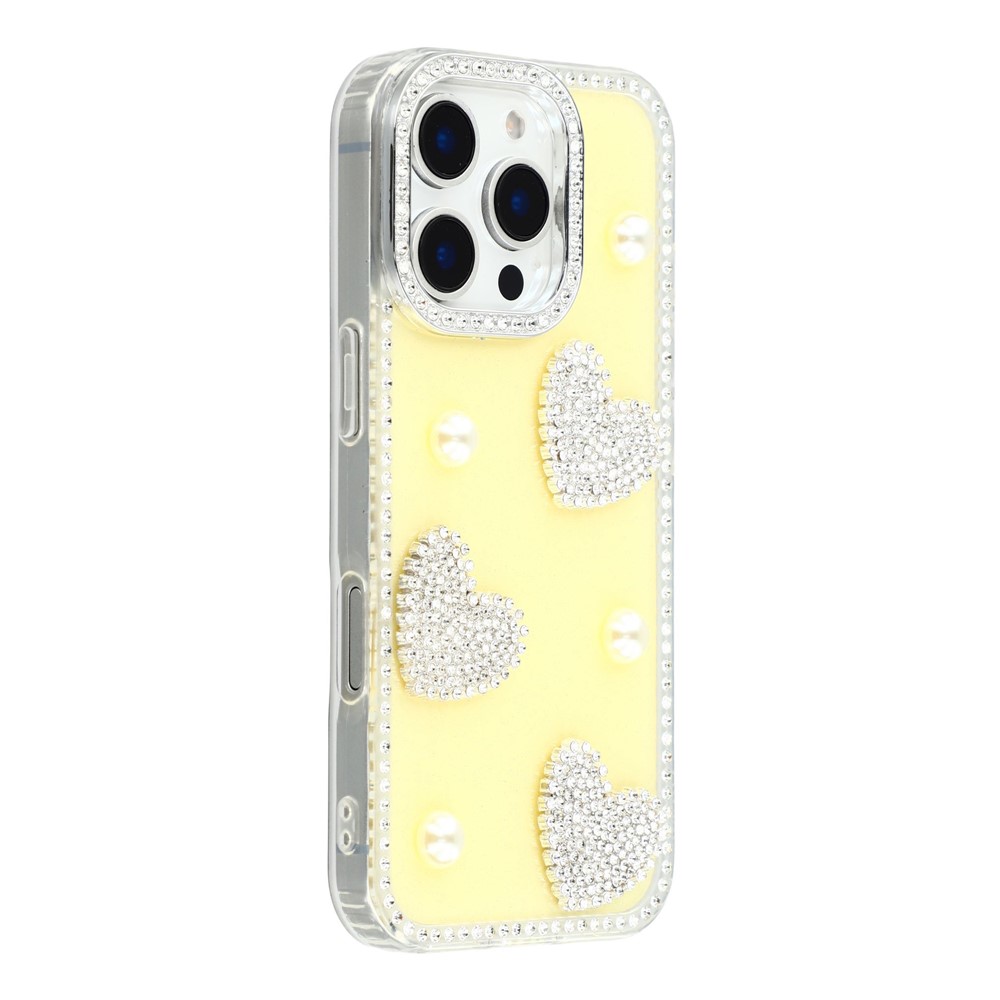 For iPhone 16 Pro Max Case Rhinestone Edge Pearl Love Decor TPU + PC IMD Phone Cover - Glitter Light Yellow