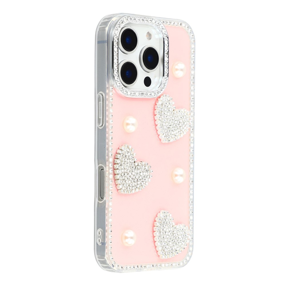 For iPhone 16 Pro Case Rhinestone Edge Pearl Love Decor TPU + PC IMD Phone Cover - Glitter Light Pink