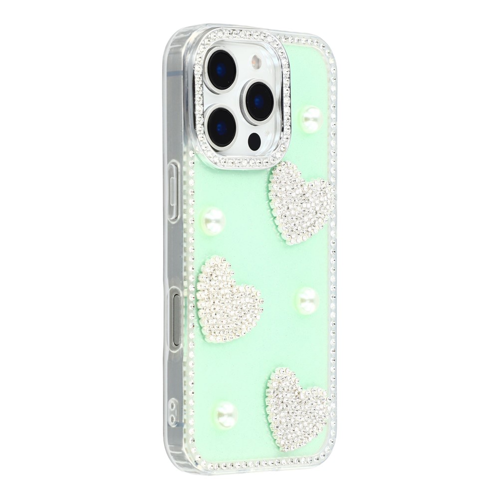 For iPhone 16 Pro Case Rhinestone Edge Pearl Love Decor TPU + PC IMD Phone Cover - Glitter Light Green
