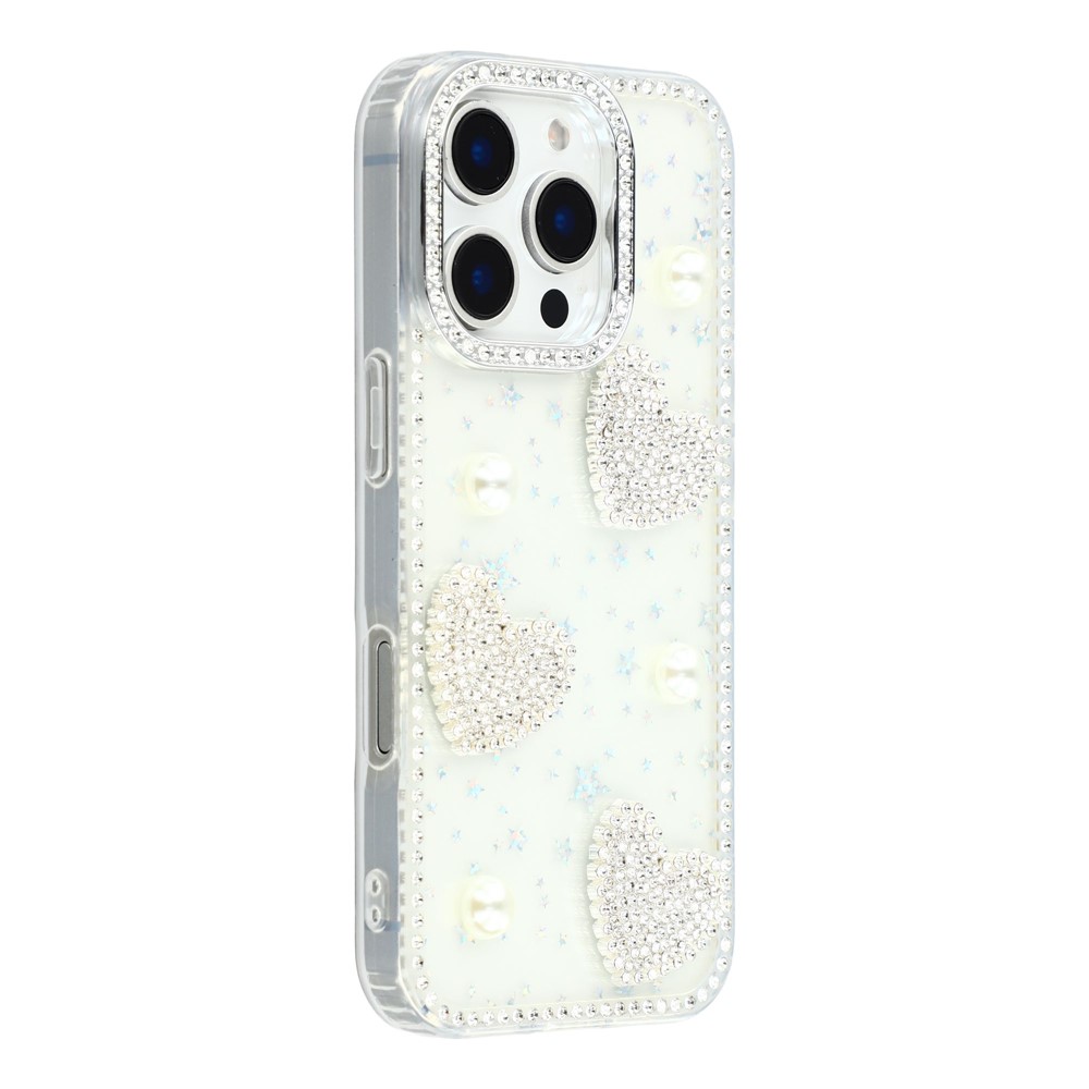 For iPhone 16 Pro Case Rhinestone Edge Pearl Love Decor TPU + PC IMD Phone Cover - Starry Transparent
