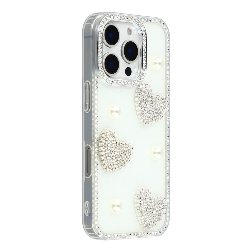 For iPhone 16 Pro Case Rhinestone Edge Pearl Love Decor TPU + PC IMD Phone Cover - Glitter White