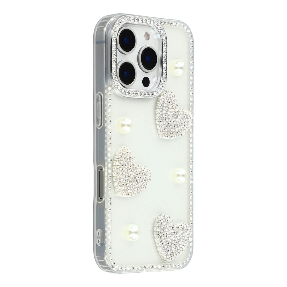 For iPhone 16 Pro Case Rhinestone Edge Pearl Love Decor TPU + PC IMD Phone Cover - Glitter Transparent