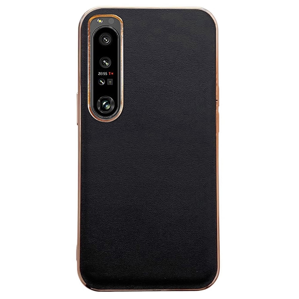 For Sony Xperia 5 IV 5G Genuine Leather Coating Phone Case Electroplating TPU+PC Anti-Scratch Back Cover - Black-1