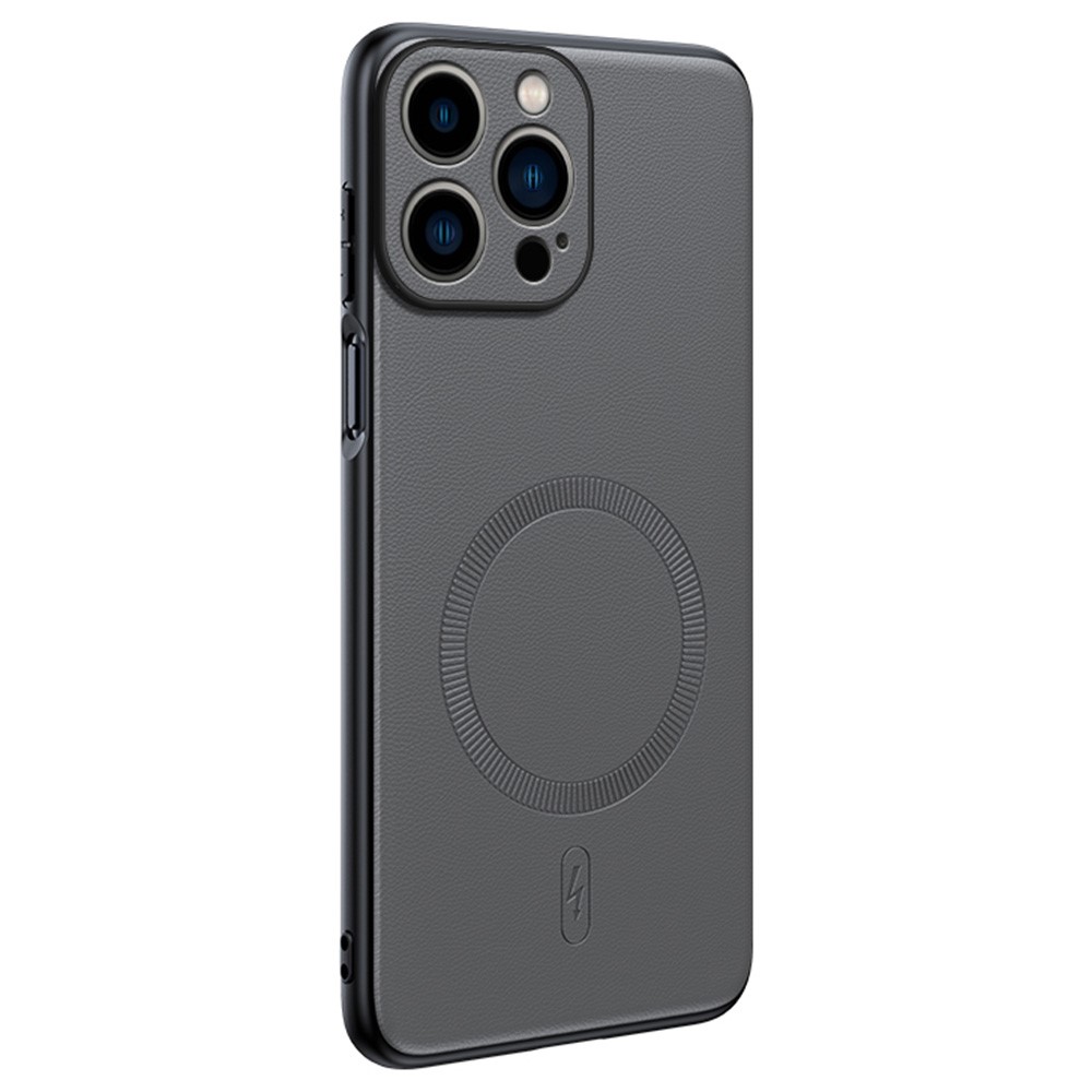 For iPhone 16 Pro Max Case Compatible with MagSafe Leather Coated TPU + PC Phone Cover - Grey