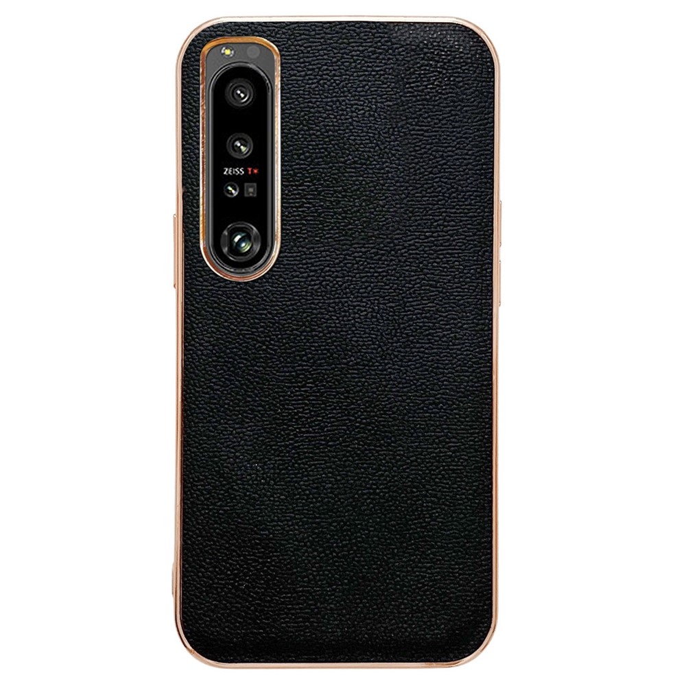 Luolai Series For Sony Xperia 5 IV 5G Genuine Leather Coating Case Hybrid PC+TPU Electroplating Frame Phone Cover - Black-1