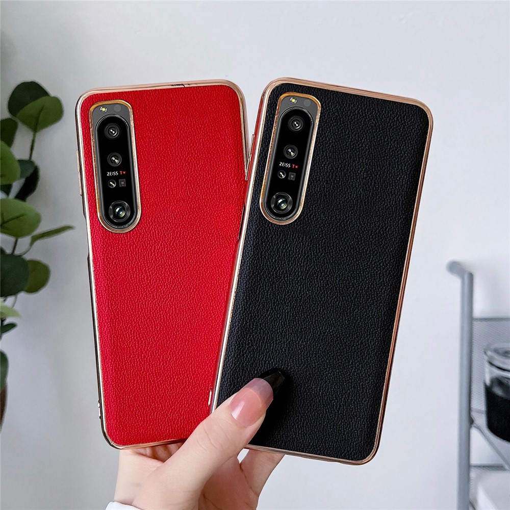 Luolai Series For Sony Xperia 5 IV 5G Genuine Leather Coating Case Hybrid PC+TPU Electroplating Frame Phone Cover - Black-3