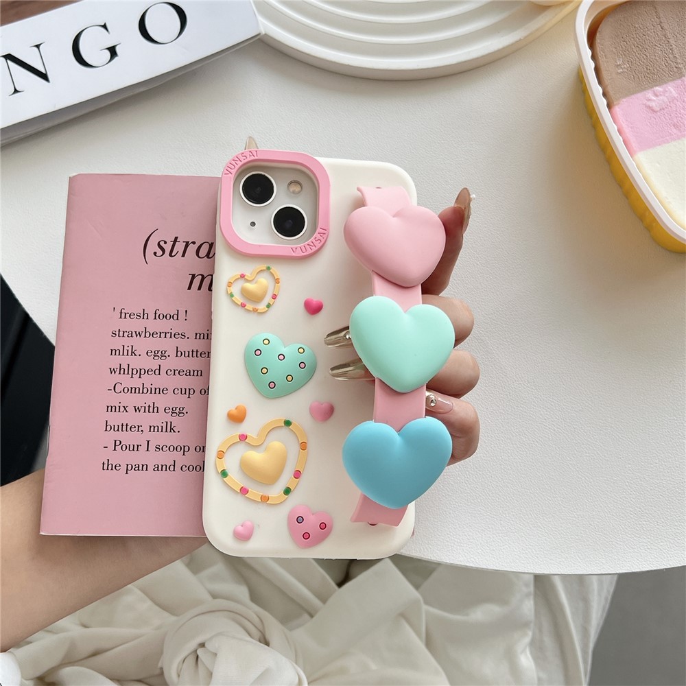 For iPhone 15 Silicone Case Cute Love Wrist Strap Design Shockproof Phone Back Cover
