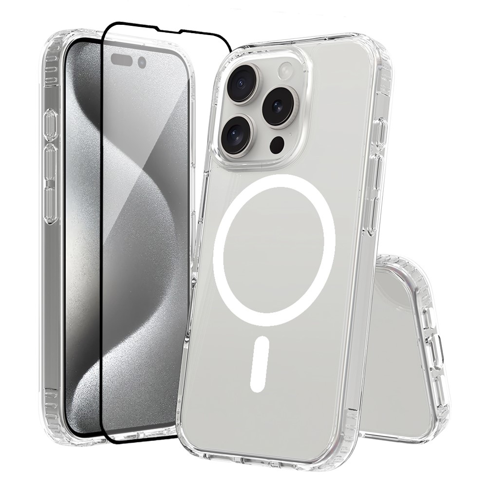 For iPhone 16 Pro Case Compati with MagSafe PC + TPU Clear Phone Cover with Tempered Glass Screen Protector - Transparent