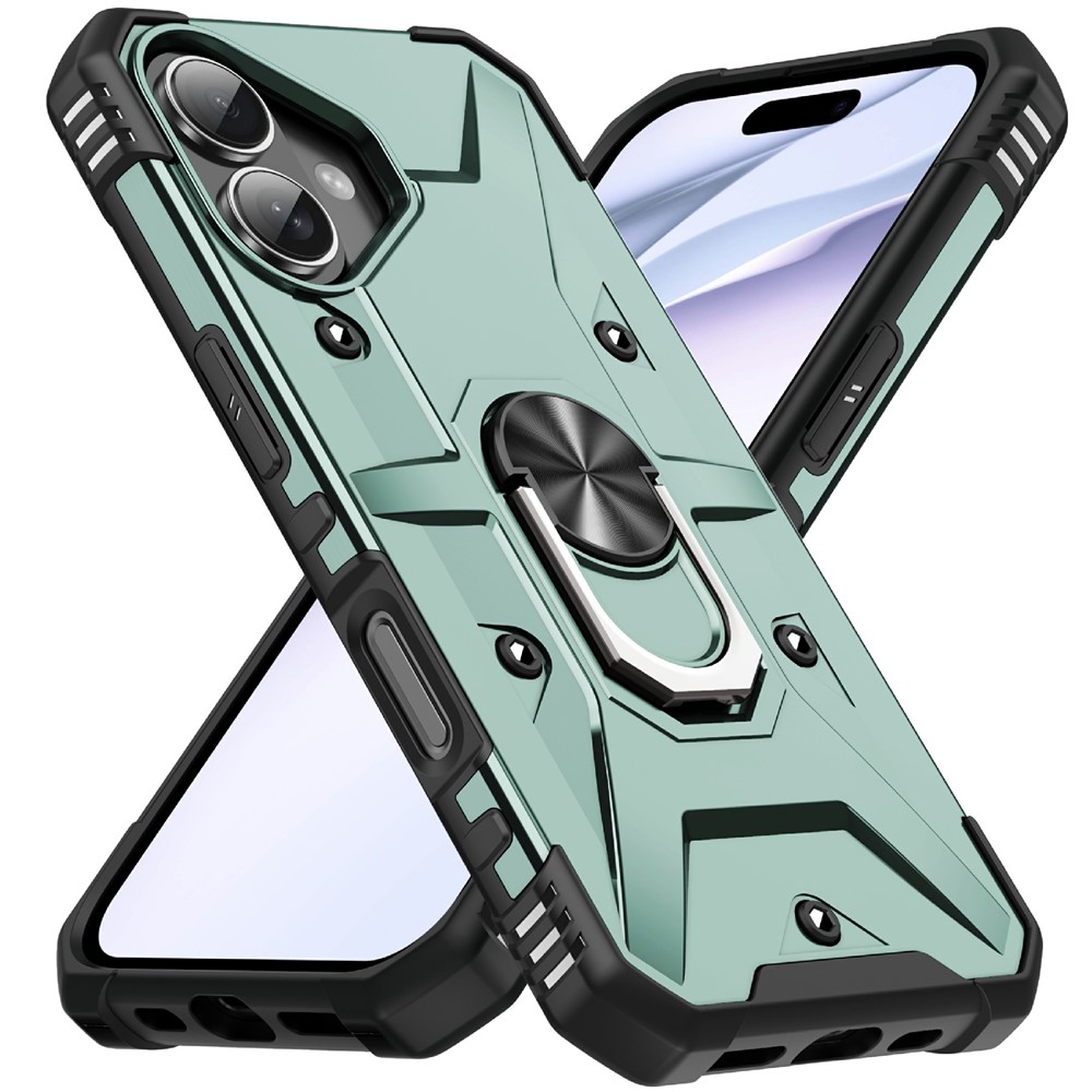 Bulk Purchasing For iPhone 16 Case PC + TPU Anti-Drop Phone Cover with Ring Kickstand - Dark Green