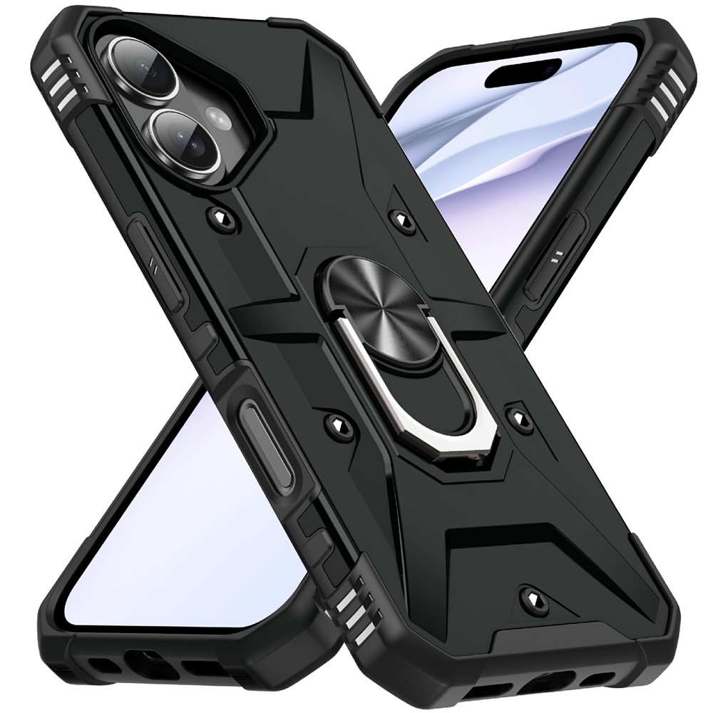 Bulk Purchasing For iPhone 16 Case PC + TPU Anti-Drop Phone Cover with Ring Kickstand - Black