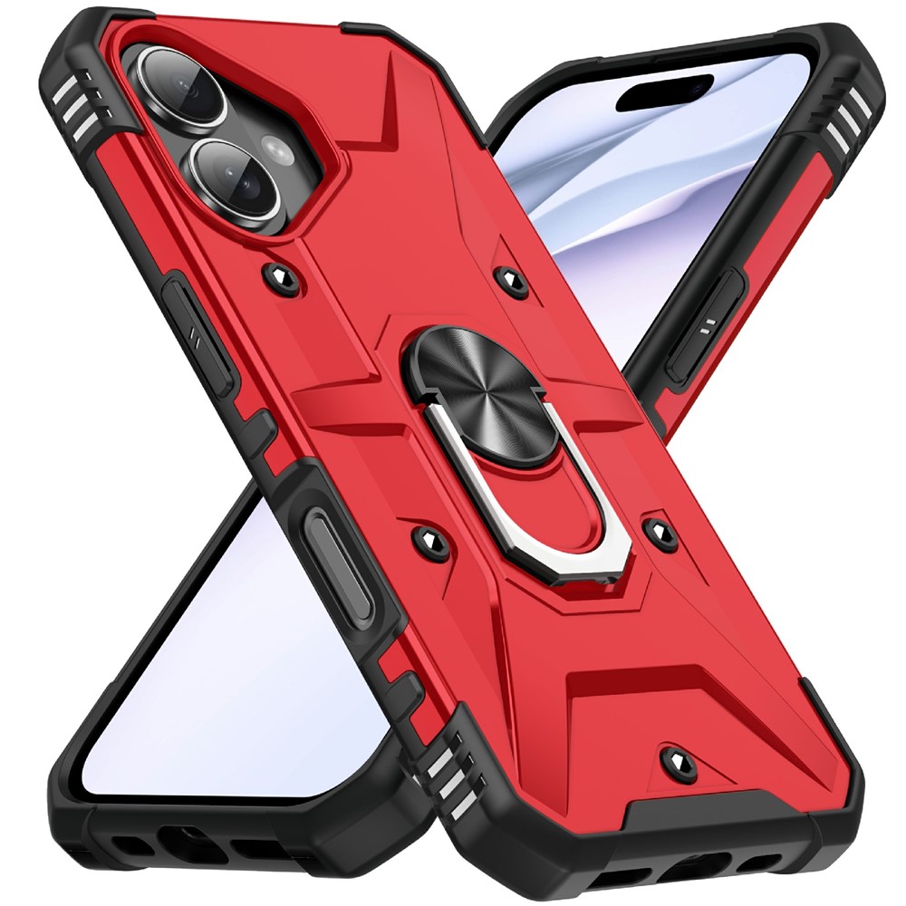 Bulk Purchasing For iPhone 16 Case PC + TPU Anti-Drop Phone Cover with Ring Kickstand - Red