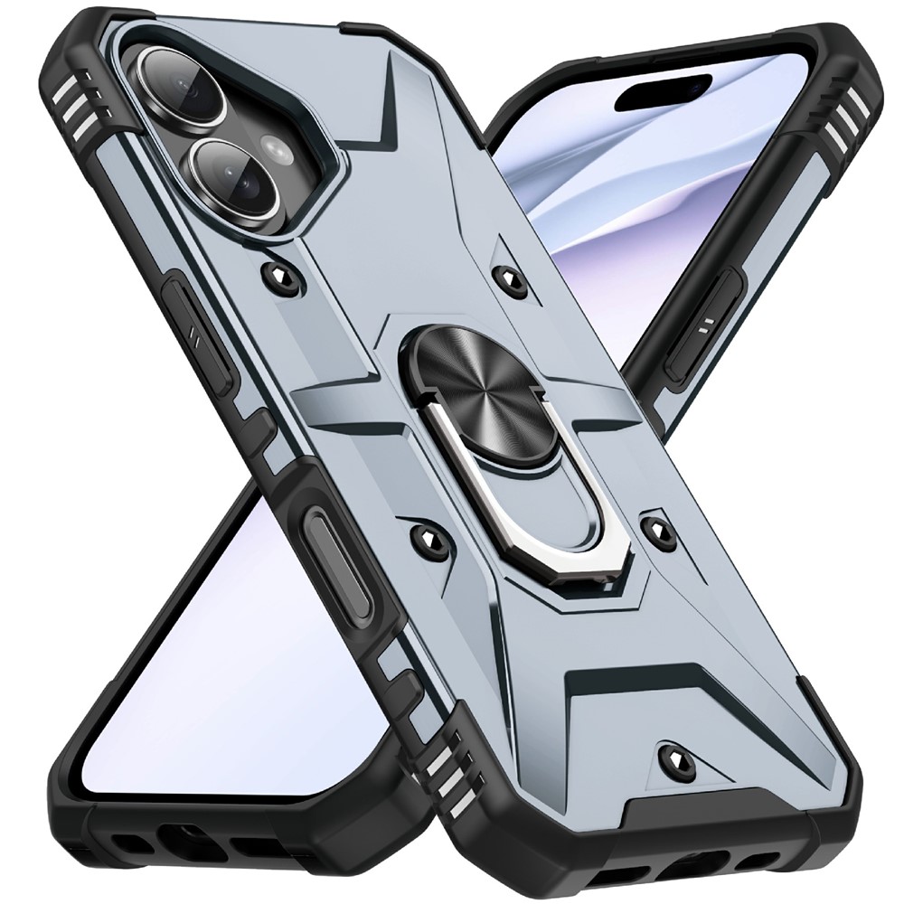 Bulk Purchasing For iPhone 16 Case PC + TPU Anti-Drop Phone Cover with Ring Kickstand - Grey