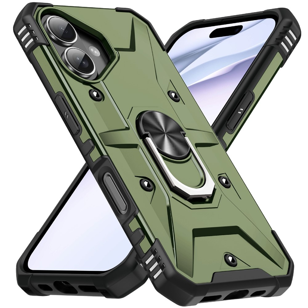Bulk Purchasing For iPhone 16 Case PC + TPU Anti-Drop Phone Cover with Ring Kickstand - Army Green