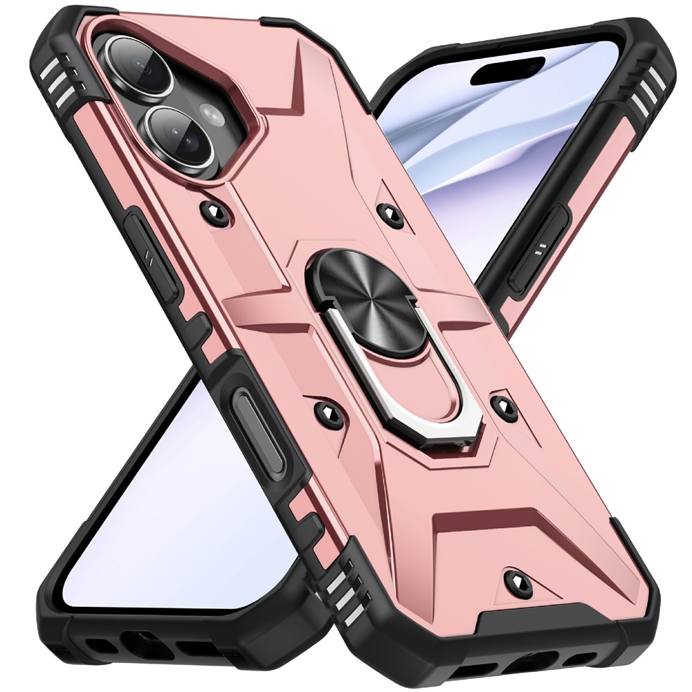 Bulk Purchasing For iPhone 16 Case PC + TPU Anti-Drop Phone Cover with Ring Kickstand - Rose Gold