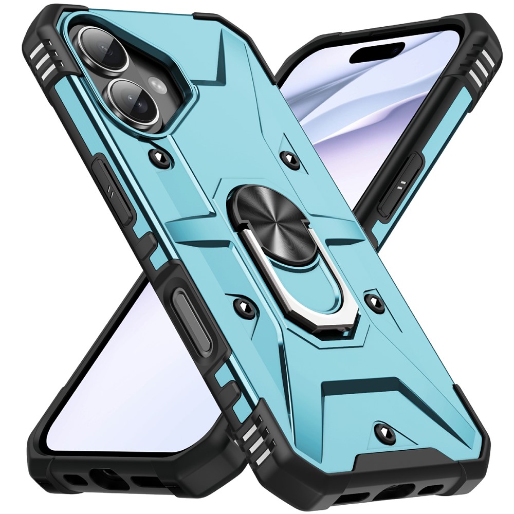 Bulk Purchasing For iPhone 16 Case PC + TPU Anti-Drop Phone Cover with Ring Kickstand - Baby Blue