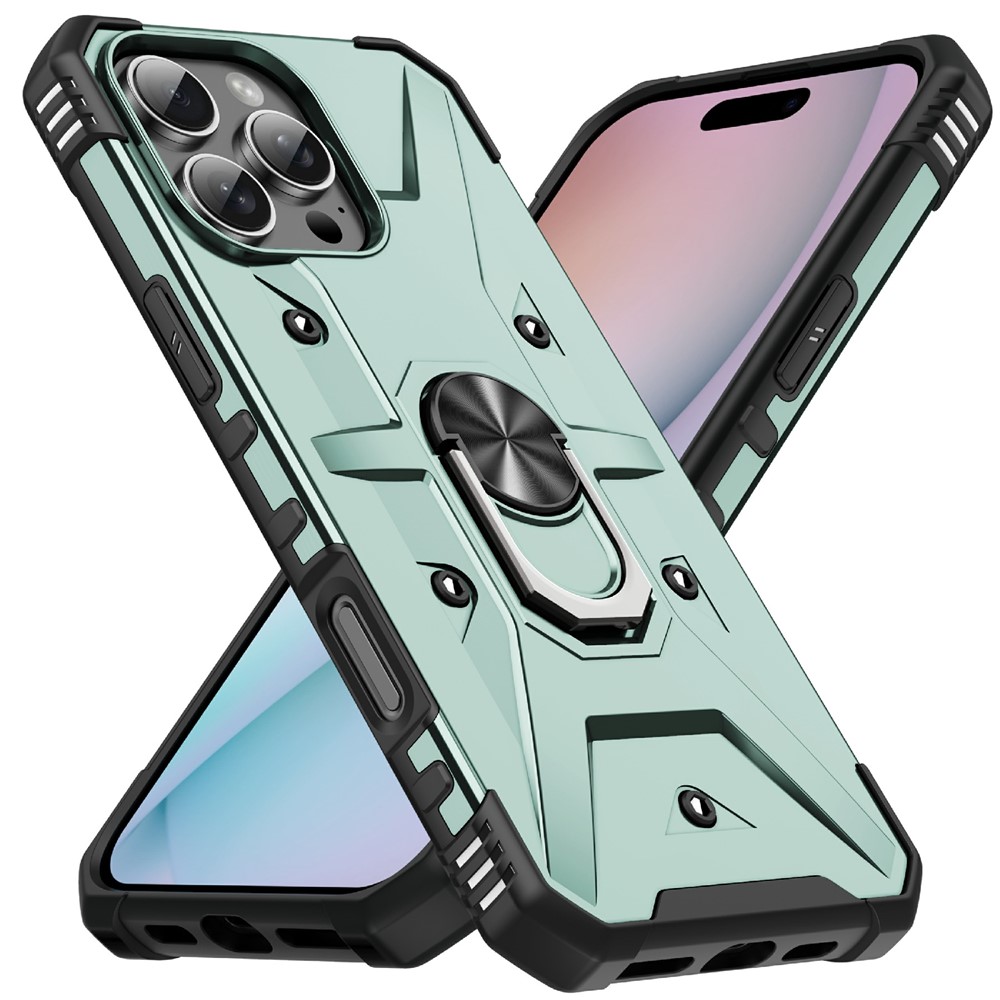 Bulk Purchasing For iPhone 16 Pro Case PC + TPU Anti-Drop Phone Cover with Ring Kickstand - Dark Green