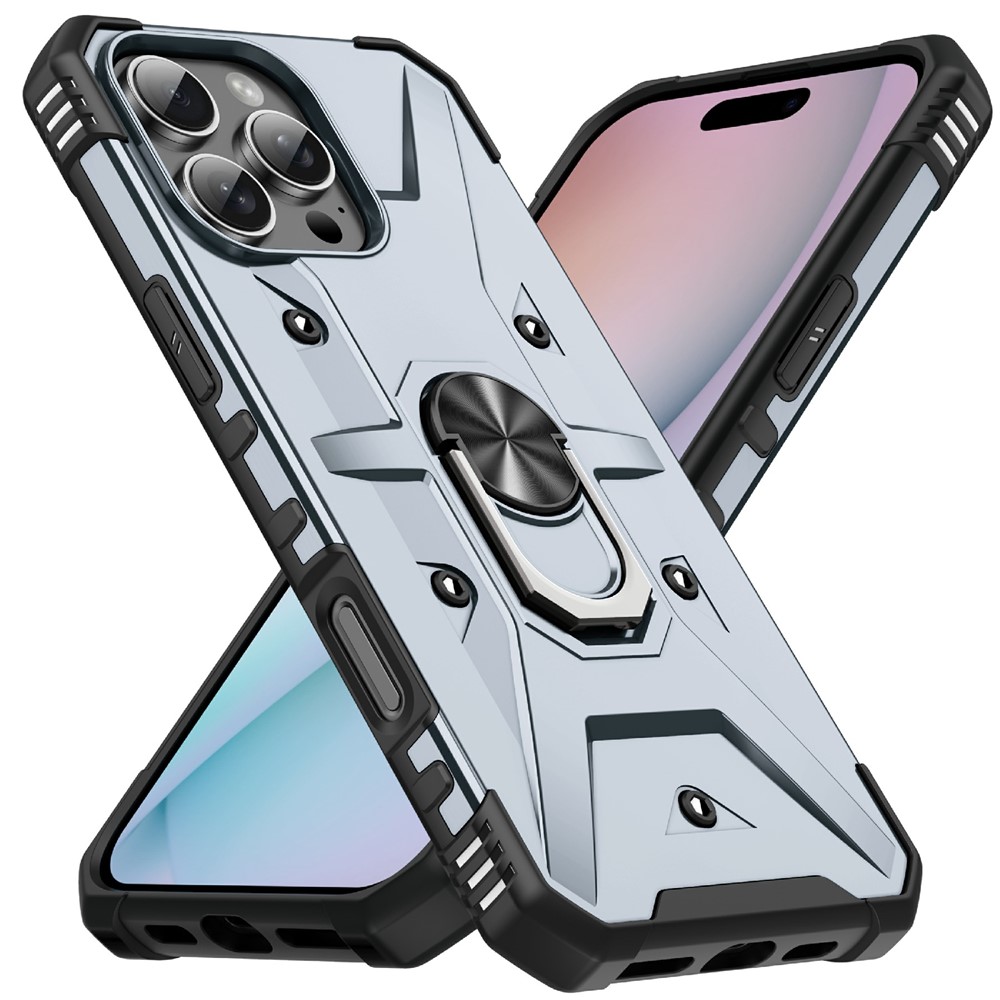 Bulk Purchasing For iPhone 16 Pro Case PC + TPU Anti-Drop Phone Cover with Ring Kickstand - Grey