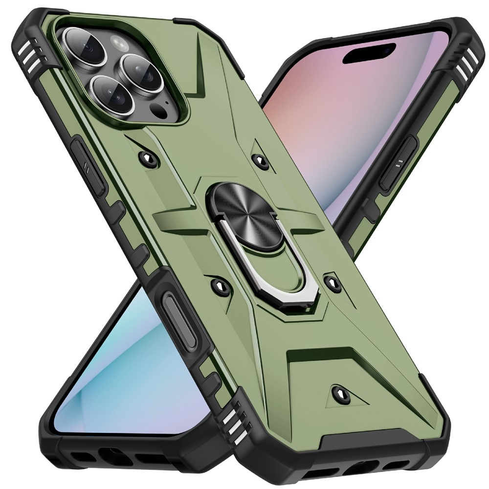 Bulk Purchasing For iPhone 16 Pro Case PC + TPU Anti-Drop Phone Cover with Ring Kickstand - Army Green