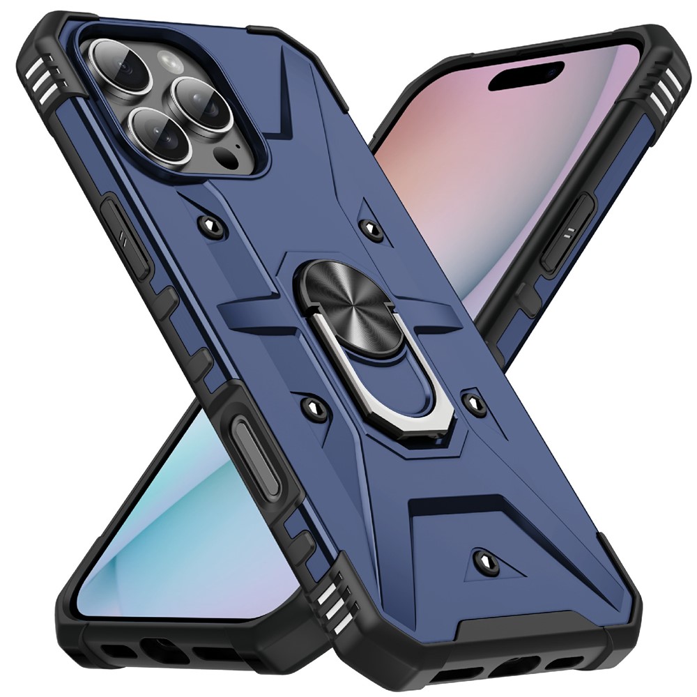 Bulk Purchasing For iPhone 16 Pro Case PC + TPU Anti-Drop Phone Cover with Ring Kickstand - Blue