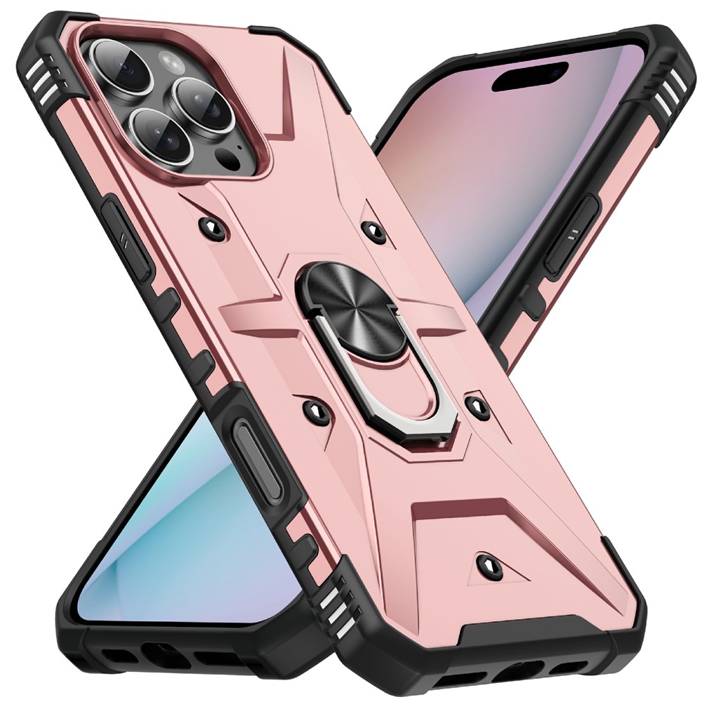 Bulk Purchasing For iPhone 16 Pro Case PC + TPU Anti-Drop Phone Cover with Ring Kickstand - Rose Gold