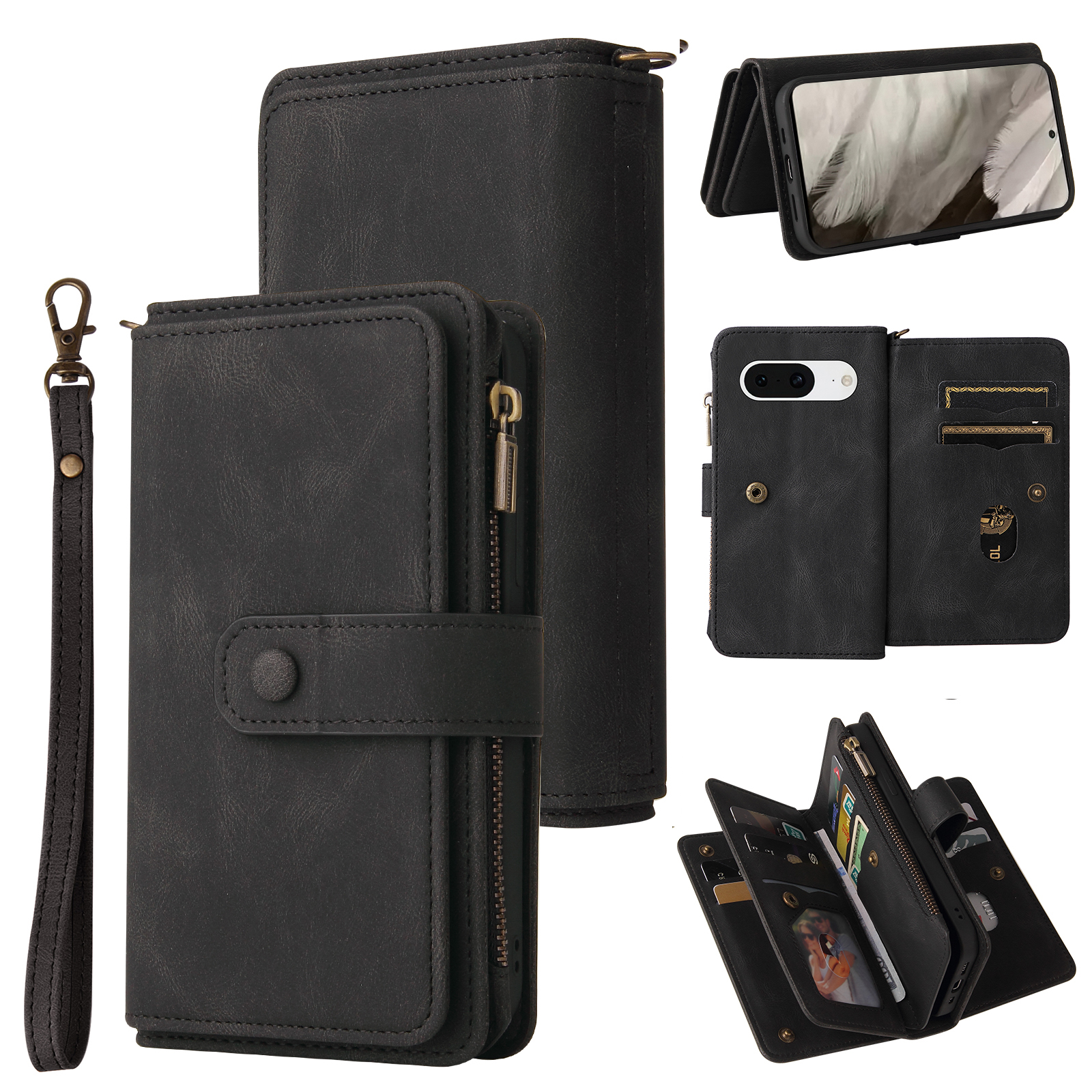 For Google Pixel 8 Zipper Wallet Case with 15 Card Slots and Strap Leather Phone Cover - Black
