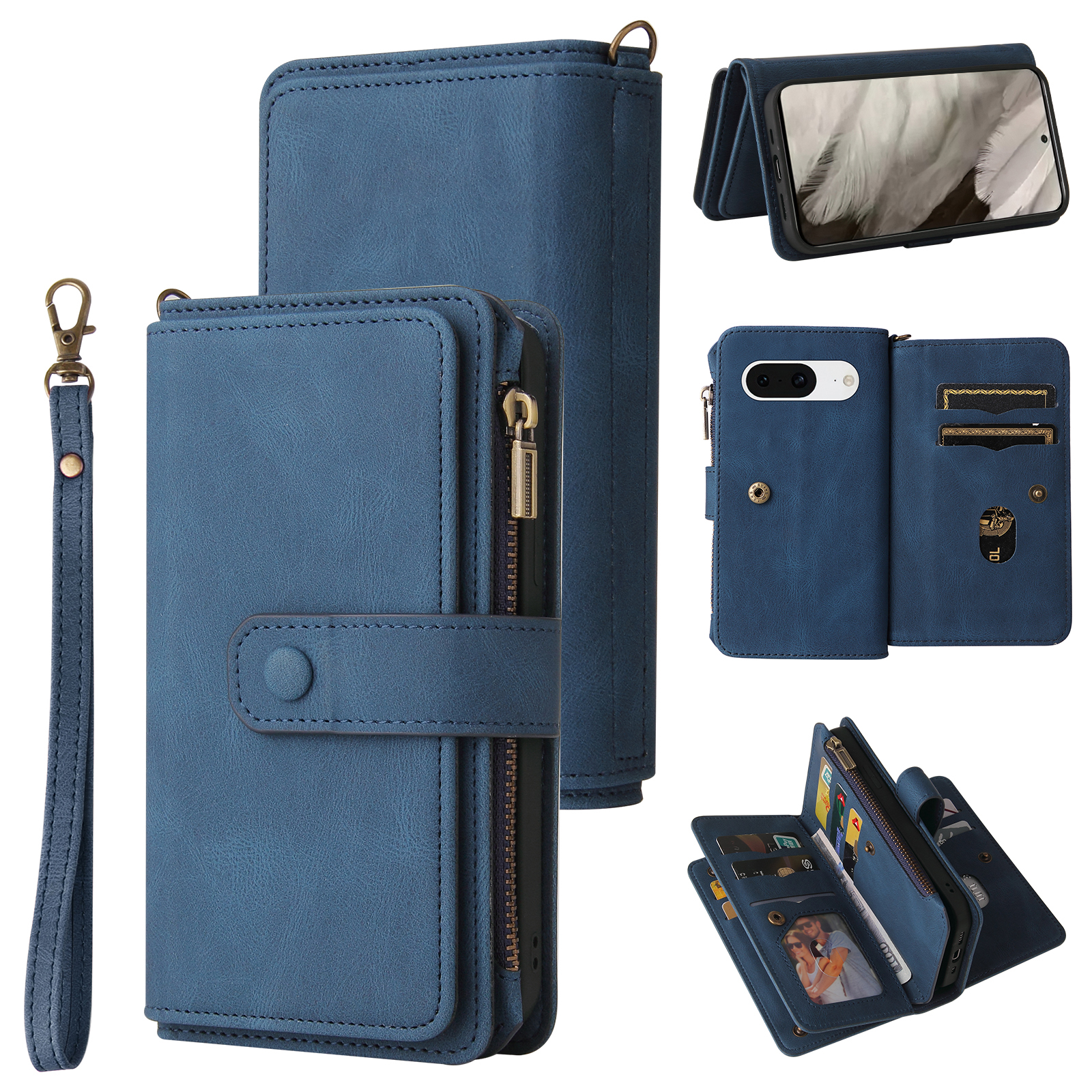 For Google Pixel 8 Zipper Wallet Case with 15 Card Slots and Strap Leather Phone Cover - Blue