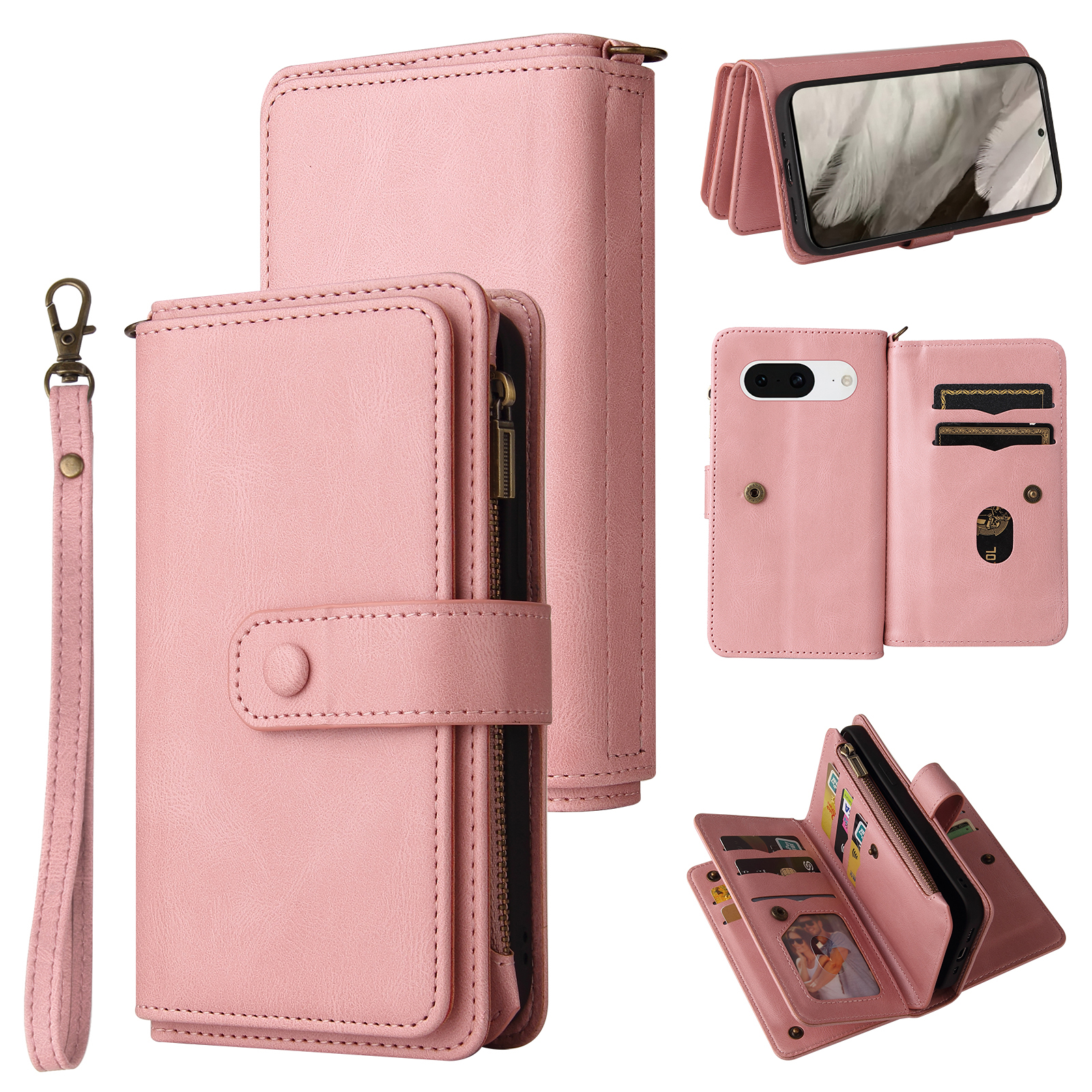For Google Pixel 8 Zipper Wallet Case with 15 Card Slots and Strap Leather Phone Cover - Pink