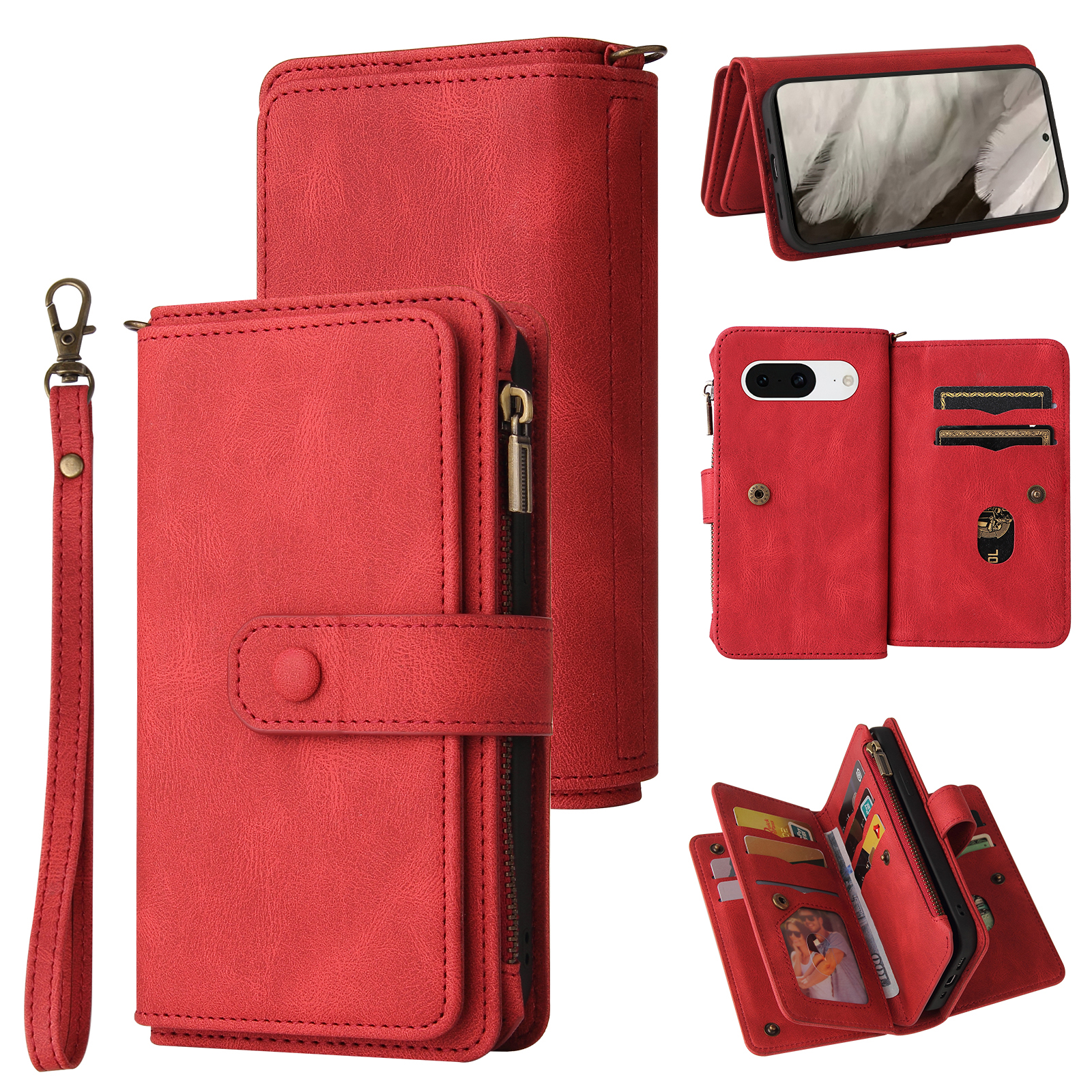For Google Pixel 8 Zipper Wallet Case with 15 Card Slots and Strap Leather Phone Cover - Red