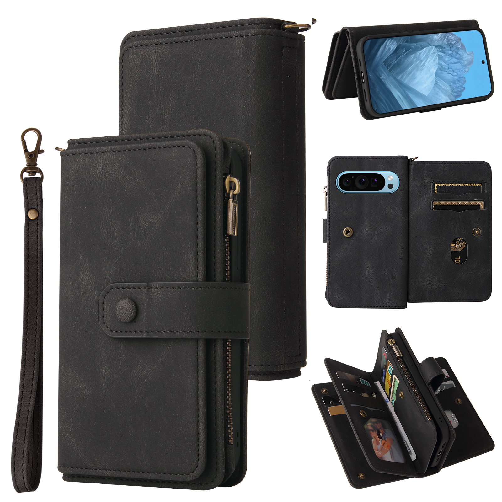 For Google Pixel 10 Pro / Google Pixel 9 / Google Pixel 9 Pro / Google Pixel 10 Zipper Wallet Case with 15 Card Slots and Strap Leather Phone Cover - Black