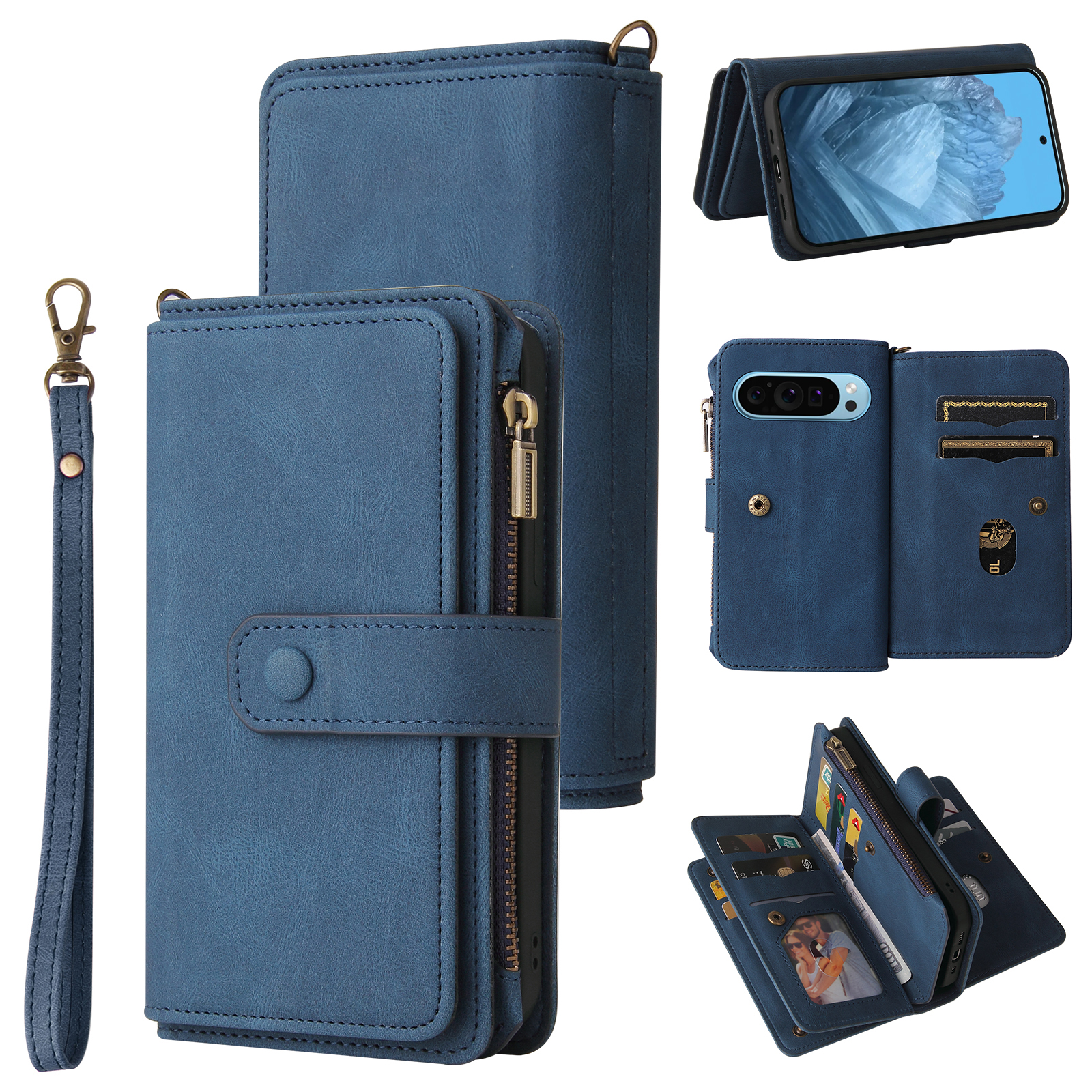 For Google Pixel 10 Pro / Google Pixel 9 / Google Pixel 9 Pro / Google Pixel 10 Zipper Wallet Case with 15 Card Slots and Strap Leather Phone Cover - Blue